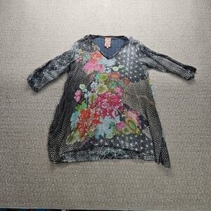 Johnny Was Tunic Womens Small Tani Embroidered Eyelet Floral Print Grey V Neck